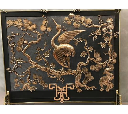 Pare fire screen of antique fireplace in bronze and vintage brass circa 1900