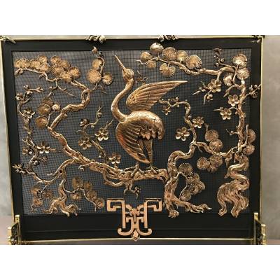 Pare fire screen of antique fireplace in bronze and vintage brass circa 1900