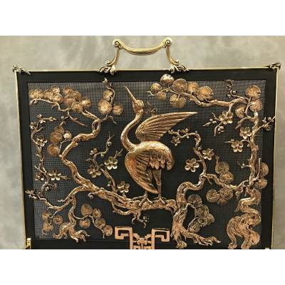 Pare fire screen of antique fireplace in bronze and vintage brass circa 1900