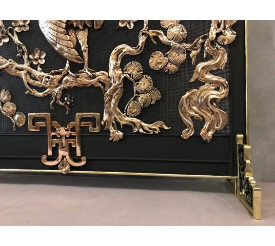 Pare fire screen of antique fireplace in bronze and vintage brass circa 1900