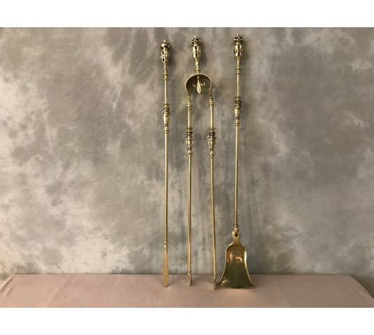 Set of Bronze fireplace accessories and vintage brass 19 th