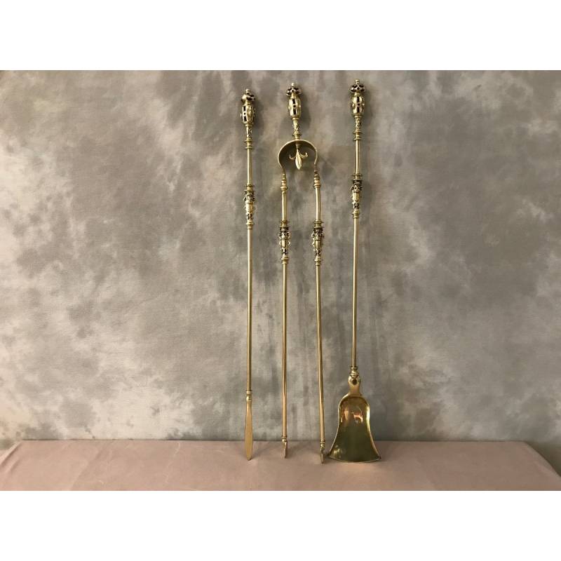 Set of Bronze fireplace accessories and vintage brass 19 th