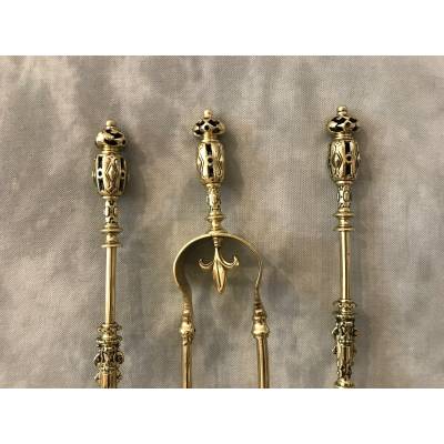 Set of Bronze fireplace accessories and vintage brass 19 th