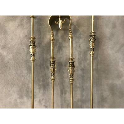 Set of Bronze fireplace accessories and vintage brass 19 th