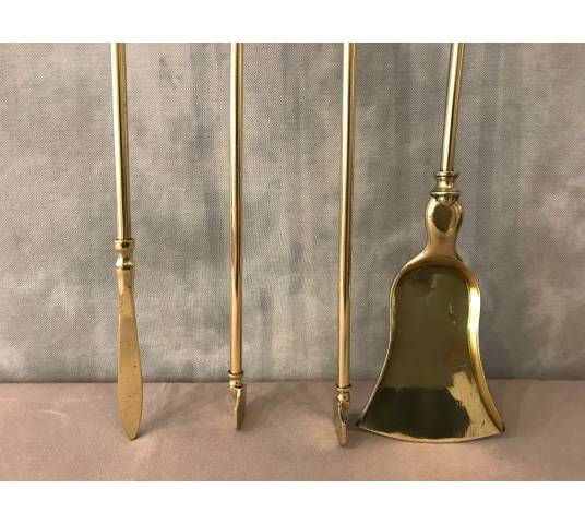 Set of Bronze fireplace accessories and vintage brass 19 th