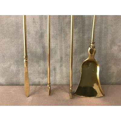 Set of Bronze fireplace accessories and vintage brass 19 th