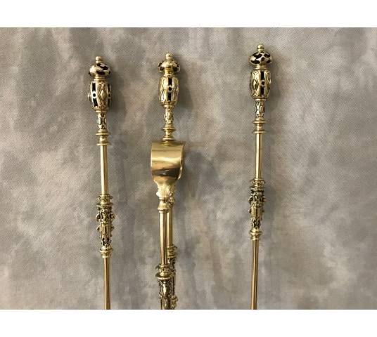 Set of Bronze fireplace accessories and vintage brass 19 th