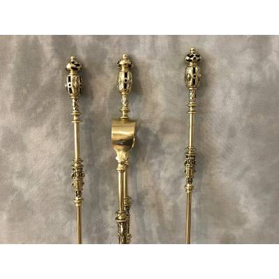 Set of Bronze fireplace accessories and vintage brass 19 th