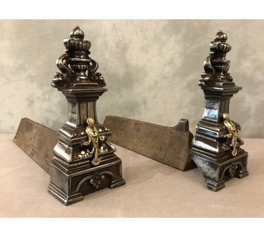 Beaux chenets old in polished cast iron 19 th