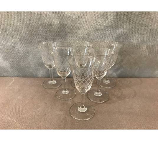 Set of 6 crystal porto glasses engraved around 1950