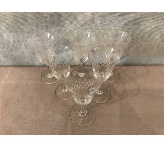 Ensemble de 6 verres à porto en cristal gravés vers 1950