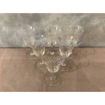 Set of 6 crystal porto glasses engraved around 1950