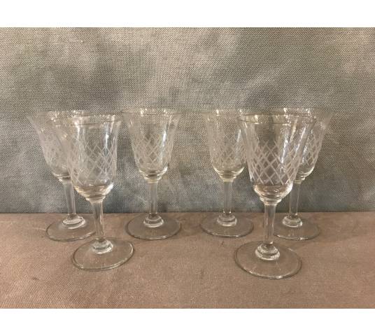 Ensemble de 6 verres à porto en cristal gravés vers 1950