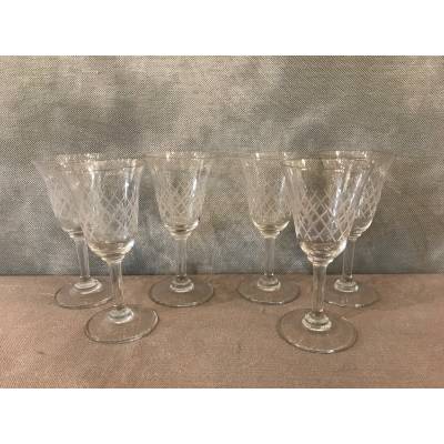 Ensemble de 6 verres à porto en cristal gravés vers 1950