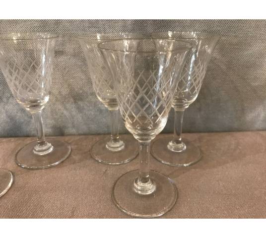 Ensemble de 6 verres à porto en cristal gravés vers 1950