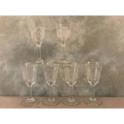 Set of 6 crystal porto glasses engraved around 1950