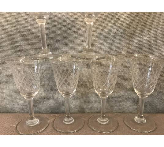 Ensemble de 6 verres à porto en cristal gravés vers 1950