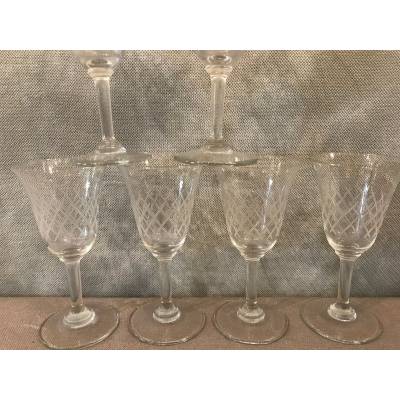 Set of 6 crystal porto glasses engraved around 1950