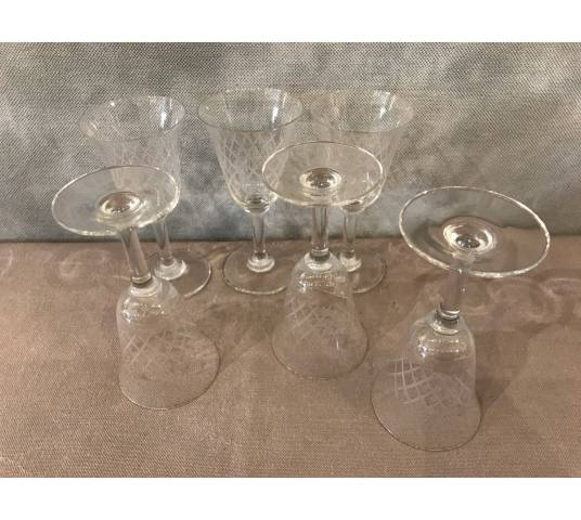 Set of 6 crystal porto glasses engraved around 1950