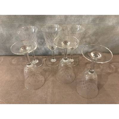 Set of 6 crystal porto glasses engraved around 1950