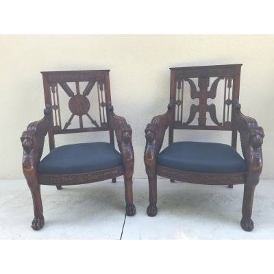 Suite of 4 large armchairs in solid mahogana style