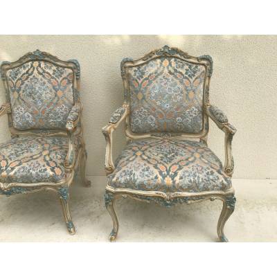 Pair of Louis XV style chairs in lacquered wood XXth