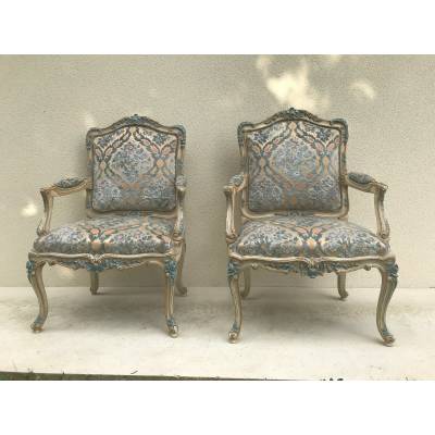 Pair of Louis XV style chairs in lacquered wood XXth