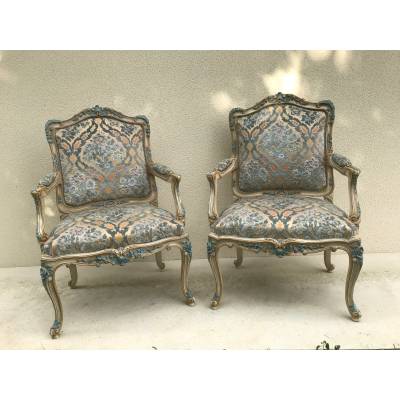 Pair of Louis XV style chairs in lacquered wood XXth