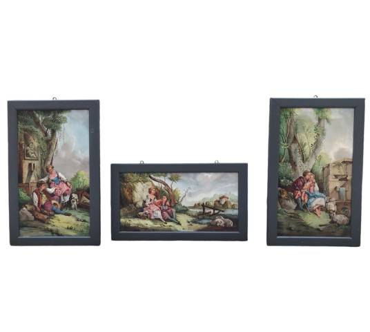 Set of 3 paintings in earthenware 19 th