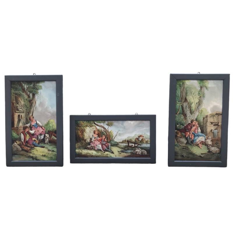 Set of 3 paintings in earthenware 19 th