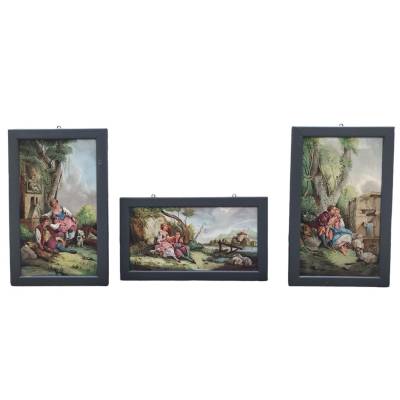 Set of 3 paintings in earthenware 19 th