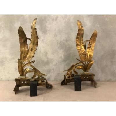 Pair of chenets in bronze decoration decor facade of epoch 19 th