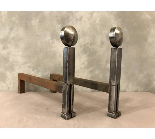 Pair of polished iron tracks, modernist model circa 1970