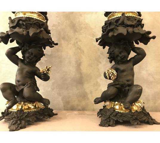 Belle paire de lampes à huile en régule, laiton et bronze d'époque 19 ème