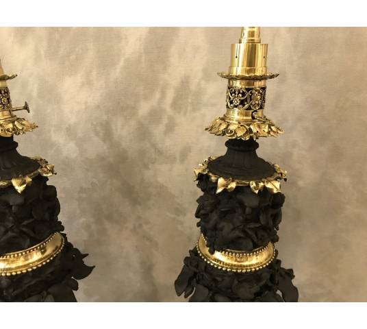 Belle paire de lampes à huile en régule, laiton et bronze d'époque 19 ème