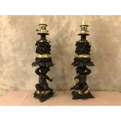 Belle paire de lampes à huile en régule, laiton et bronze d'époque 19 ème