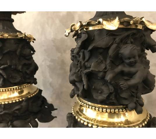 Belle paire de lampes à huile en régule, laiton et bronze d'époque 19 ème