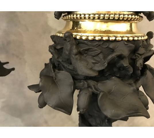 Belle paire de lampes à huile en régule, laiton et bronze d'époque 19 ème