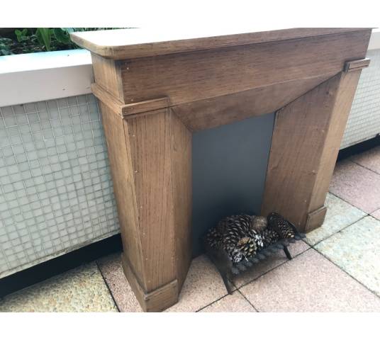 Small decorative fireplace in natural wood from the late nineteenth century