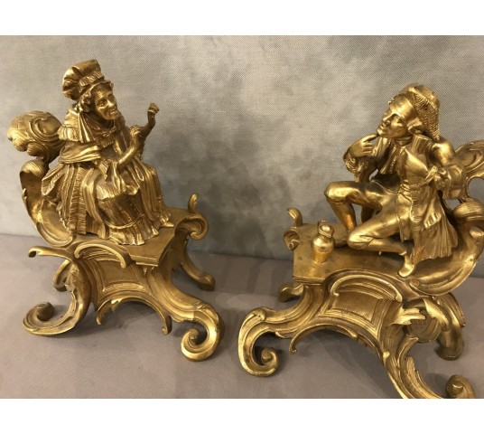 Ravissante paire de chenets en bronze doré d'époque 19 ème