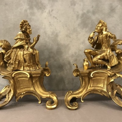 Ravissante paire de chenets en bronze doré d'époque 19 ème