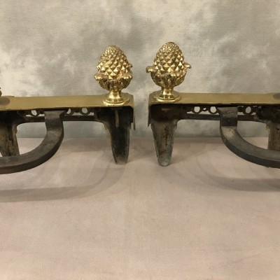 Paire d chenets anciens en bronze d'époque Louis XVI 18 ème pommes de pins