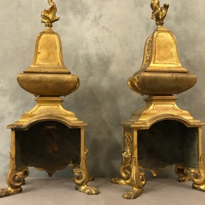 Beaux chenets en bronze doré d'époque Louis XIV Régence