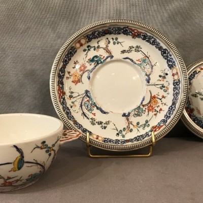 Bol à bouillon en porcelaine de Mehun et son assiette cerclage en argent d'époque fin 19 ème