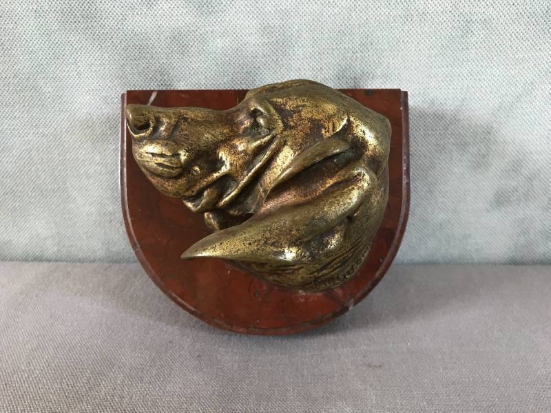 Bronze tête de chien sur socle en marbre d'époque 19 ème