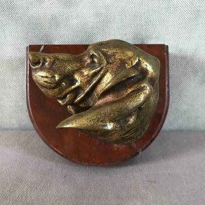 Bronze tête de chien sur socle en marbre d'époque 19 ème