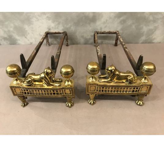 Paire de chenets anciens en bronze d'époque Empire  19 ème