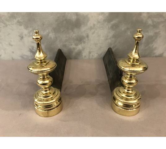 Ancient cast iron and brass Chenets 19 th Louis Philippe