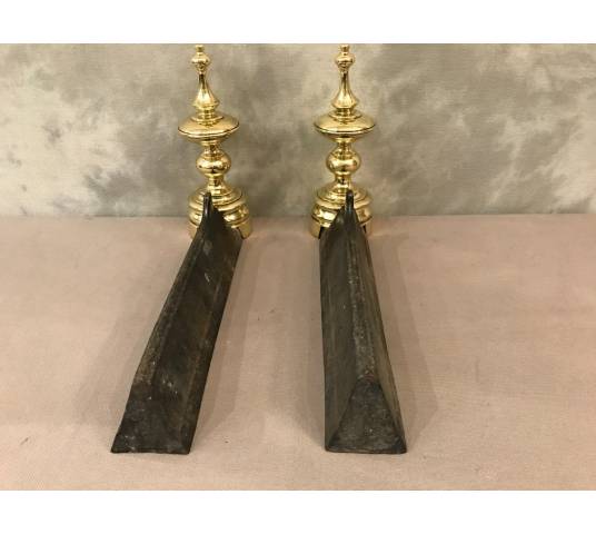 Ancient cast iron and brass Chenets 19 th Louis Philippe