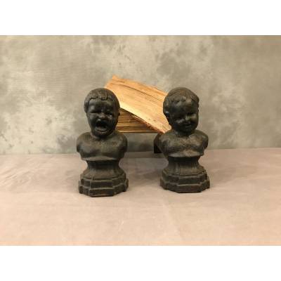 Pair of vintage old iron chenets 19 th